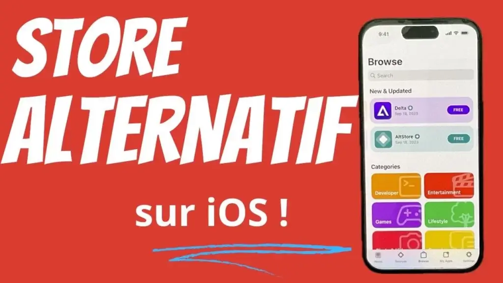 Étapes d'installation d'AltStore sur iPhone : captures d'écran du site web, des réglages iOS et de l'application