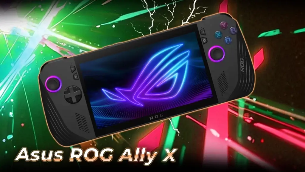 Asus ROG Ally X noire vue de face avec écran allumé et contrôles visibles