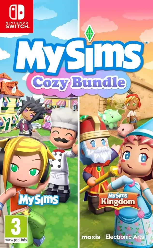 Couverture de MySims Collection cosy Nintendo Switch avec des personnages Sims mignons dans un intérieur douillet