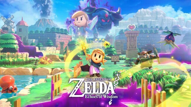 Couverture du jeu The Legend of Zelda: Echoes of Wisdom sur Nintendo Switch, avec Zelda et des paysages d'Hyrule