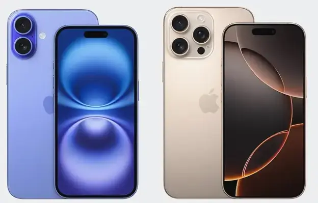 "iPhone 16 Pro et iPhone 16 côte à côte, montrant leurs différences de design et de taille d'écran