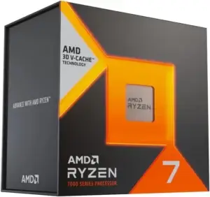 AMD Ryzen 7 7800X3D entouré d'effets lumineux et d'icônes de jeux vidéo