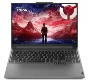 Ordinateur portable gaming Lenovo Legion S5 16ARP9 ouvert, affichant un écran lumineux et un clavier rétroéclairé