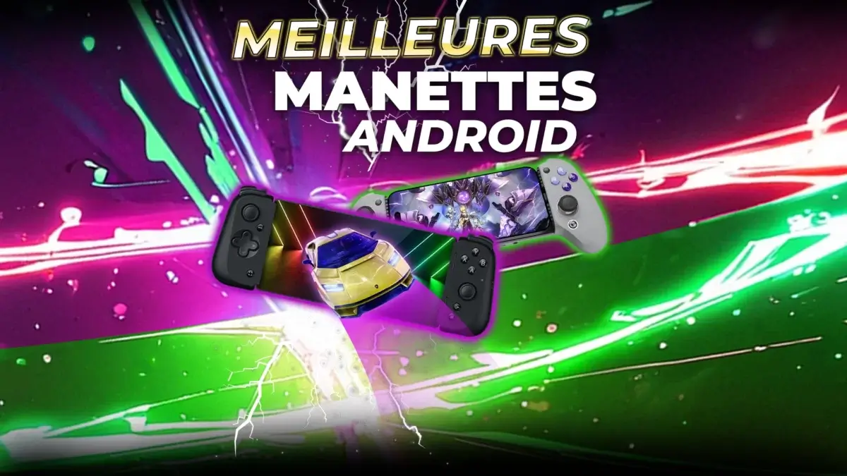 Diverses manettes de jeu Android entourant un smartphone affichant un jeu vidéo