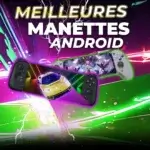 Diverses manettes de jeu Android entourant un smartphone affichant un jeu vidéo