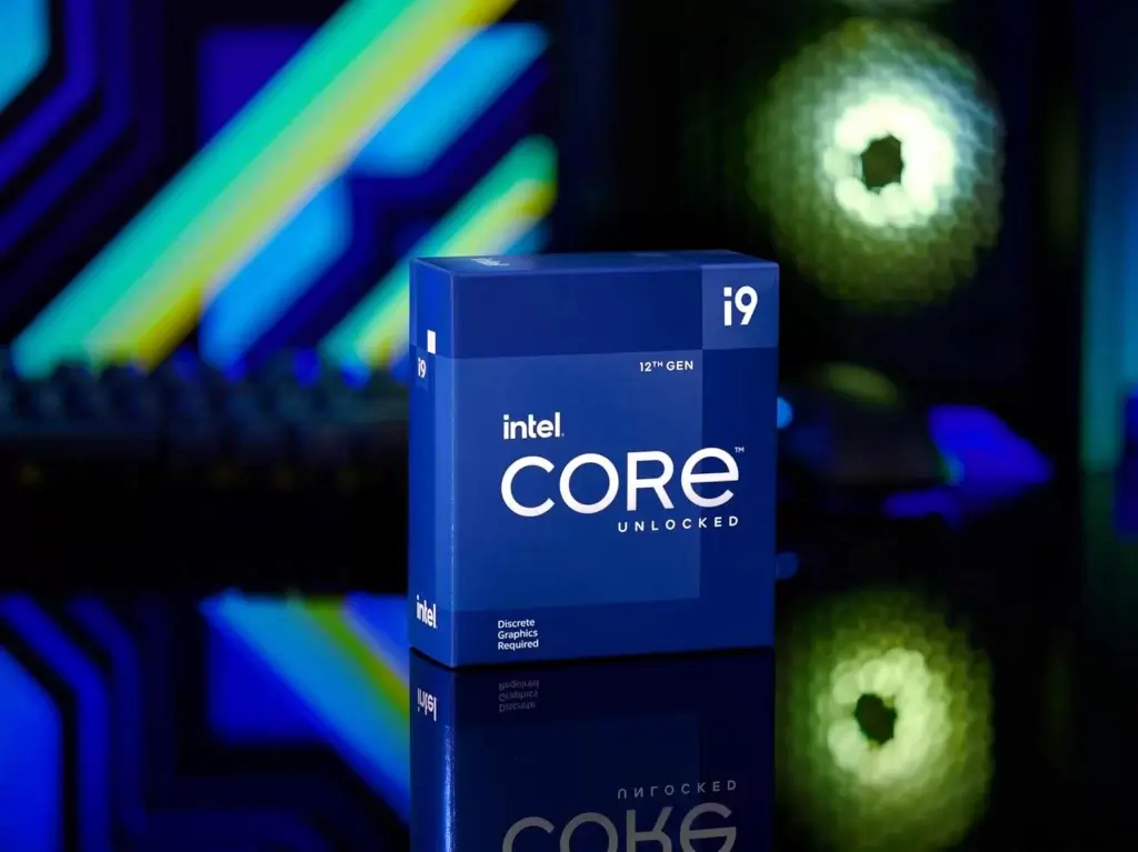 Processeur Intel Core i9-12900K entouré d'icônes représentant le gaming et la production multimédia