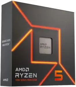 Processeur AMD Ryzen 5 7600X entouré d'effets lumineux et d'icônes de jeux vidéo