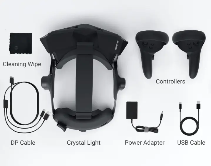 Pimax Crystal Light avec ses accessoires principaux : top strap et écouteurs DMAS