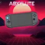 Console de retrogaming ABXYLUTE avec manette, affichant une interface d'émulation sur un écran portable