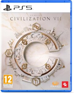 Jaquette officielle du jeu Civilization 7 pour PlayStation 5, montrant une cité futuriste et des personnages historiques.