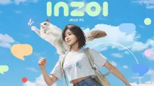 Jeune femme posant avec un chat élégant sur fond de ciel bleu et paysage urbain, accompagné du logo "INZOI