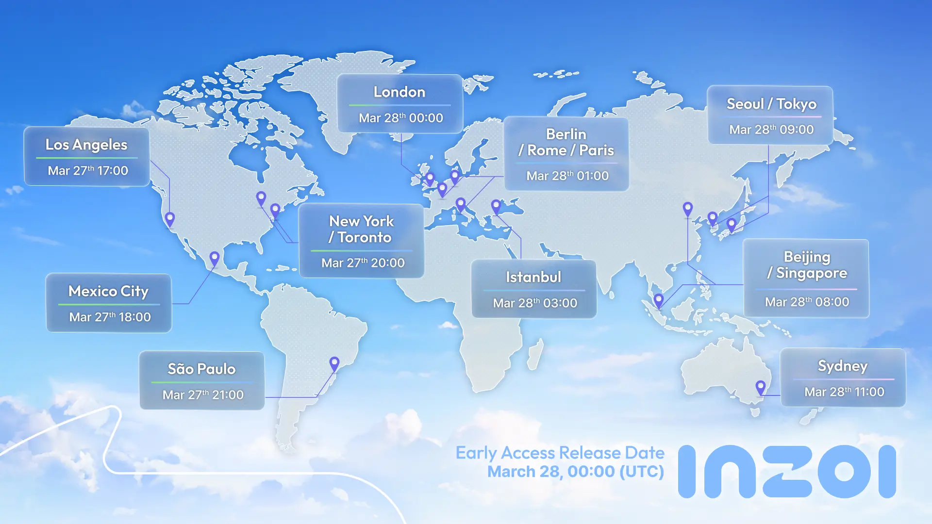 Carte mondiale des heures de sortie d'accès anticipé pour inZOI, indiquant les horaires dans différents fuseaux horaires, dont Los Angeles, Mexico City, New York/Toronto, São Paulo, Londres, Berlin/Rome/Paris, Istanbul, Pékin/Singapour, Séoul/Tokyo et Sydney.