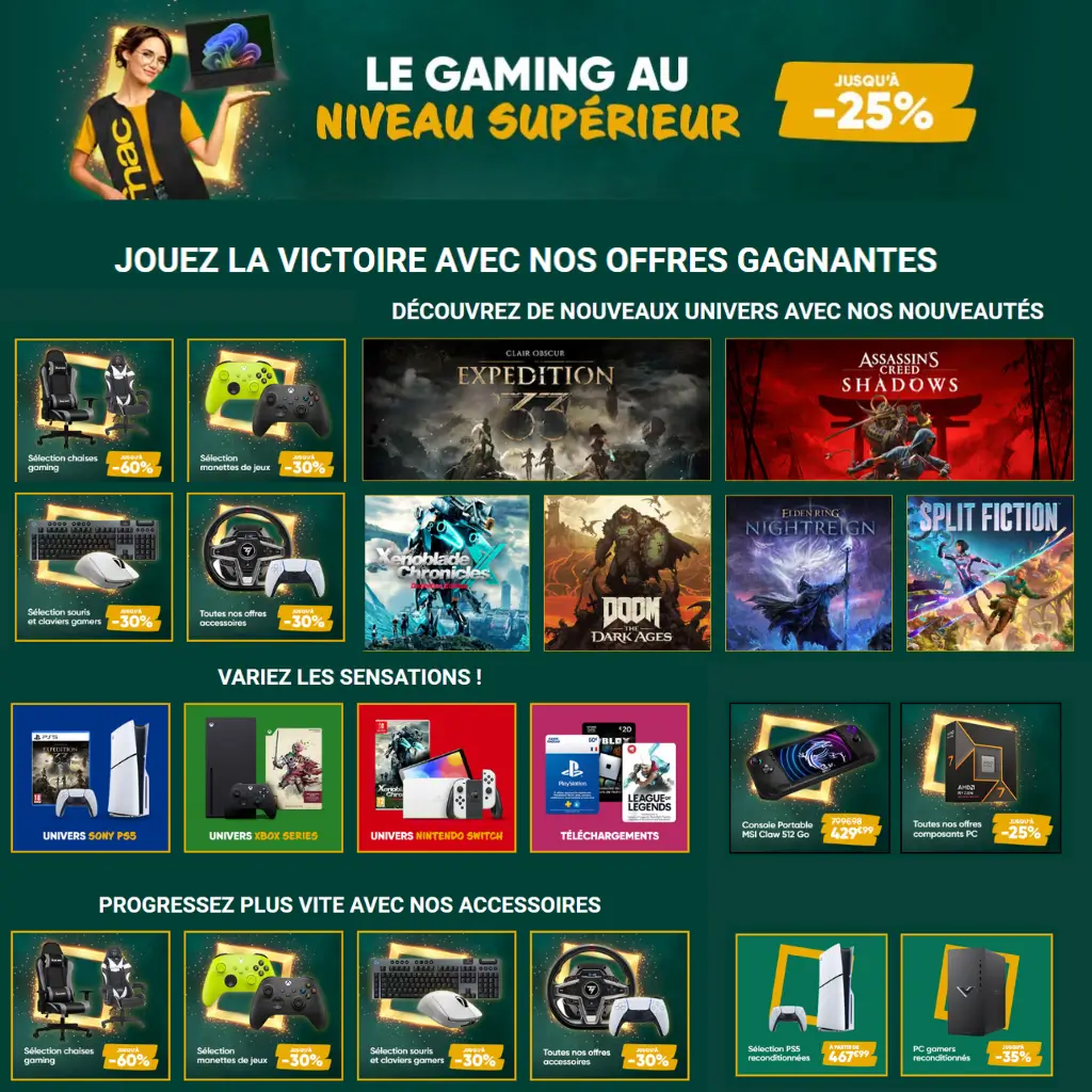 Promotions gaming chez Fnac : jusqu'à -25% sur les accessoires, consoles, jeux vidéo et PC.
