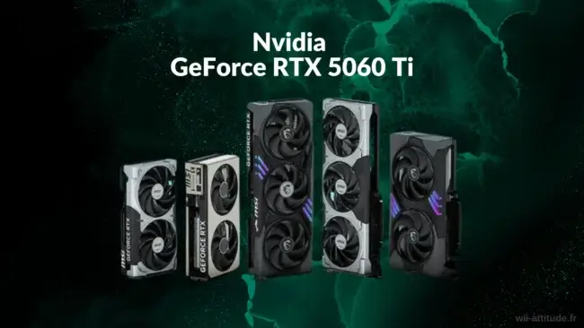 Plusieurs modèles de cartes graphiques Nvidia GeForce RTX 5060 Ti alignés sur un fond vert, illustrant la nouvelle génération de GPU.