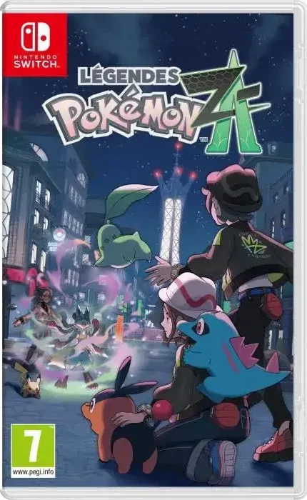 Jaquette du jeu vidéo "Légendes Pokémon Z-A" pour Nintendo Switch, montrant deux dresseurs Pokémon avec leurs créatures dans une ville illuminée la nuit.