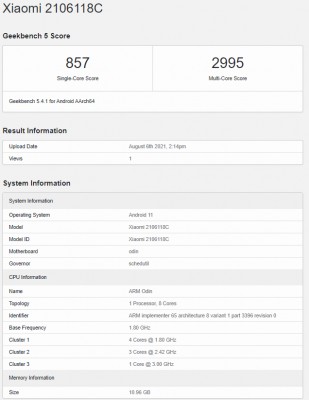 Carte de pointage Geekbench 5 pour Xiaomi Mi Mix 4