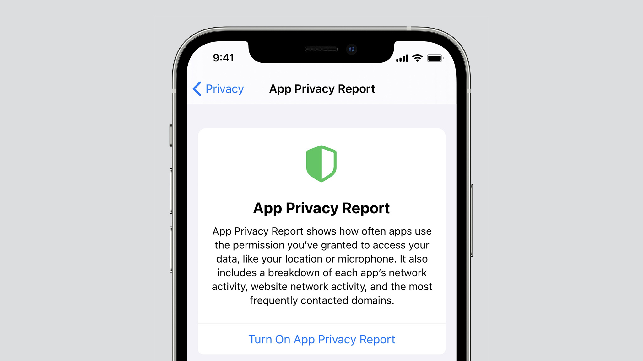 Un iPhone affiche l'écran de rapport de confidentialité de l'application.