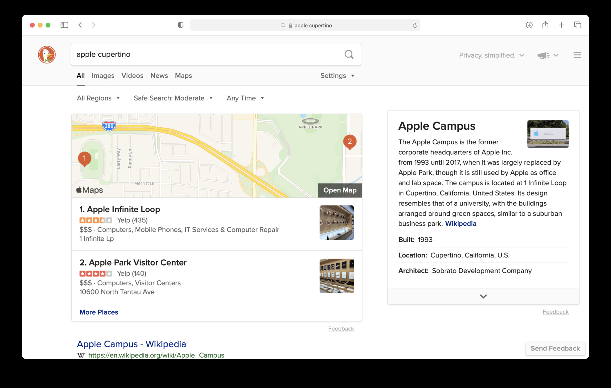 Vous avez probablement vu Maps Web Snapshots en action si vous avez utilisé DuckDuckGo comme moteur de recherche.