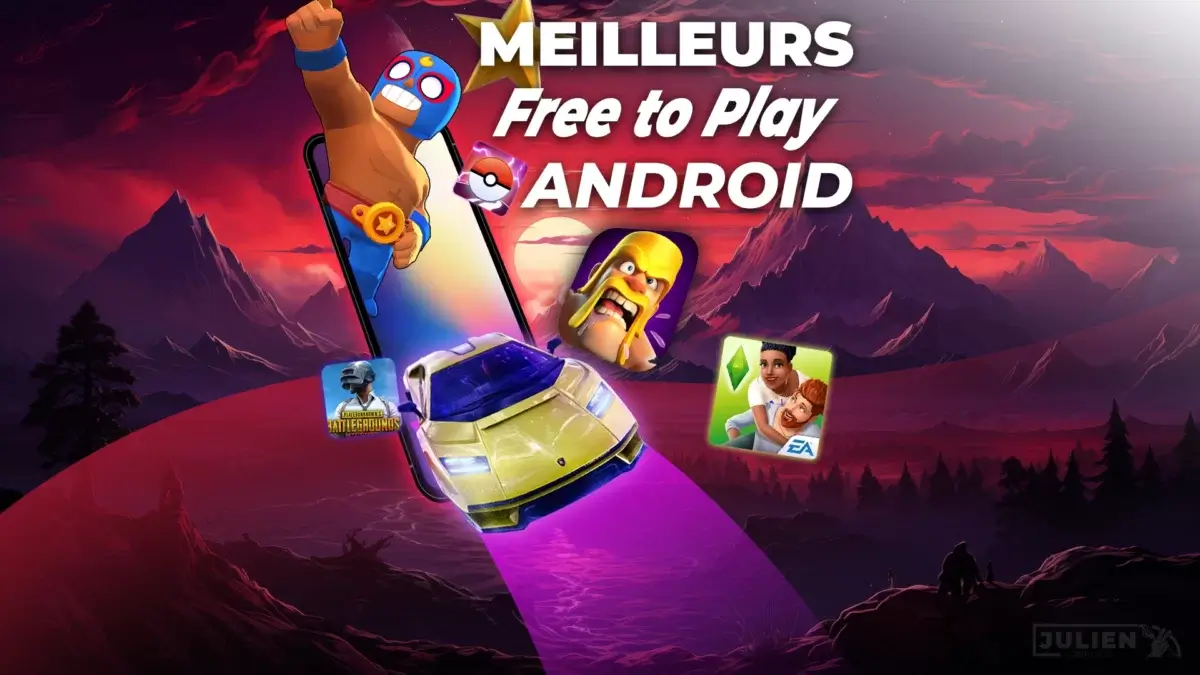 Collage des icônes des meilleurs jeux free-to-play Android 2024 avec un smartphone en arrière-plan