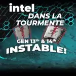 Processeur Intel Core de 13e génération sur fond de circuit imprimé avec des éclairs symbolisant l'instabilité