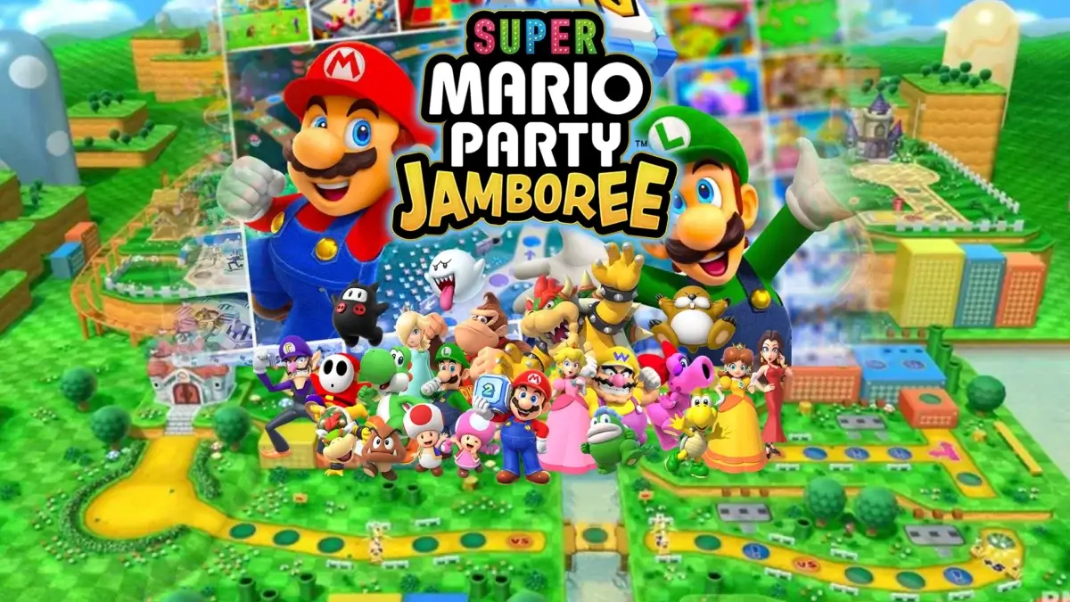 Capture d'écran du jeu Super Mario Party Jamboree montrant Mario, Luigi, Peach et d'autres personnages sur un plateau de jeu coloré