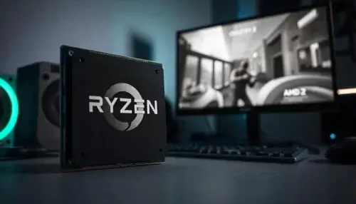 Capture d'écran de Counter-Strike 2 avec un compteur de FPS élevé, à côté d'une image du processeur AMD Ryzen 7 9800X3D