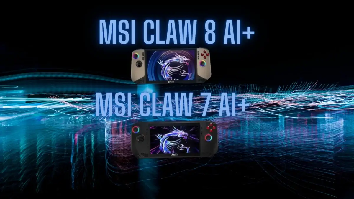 Consoles portables MSI Claw 8 AI+ et Claw 7 AI+ côte à côte avec leurs spécifications techniques affichées