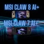 Consoles portables MSI Claw 8 AI+ et Claw 7 AI+ côte à côte avec leurs spécifications techniques affichées