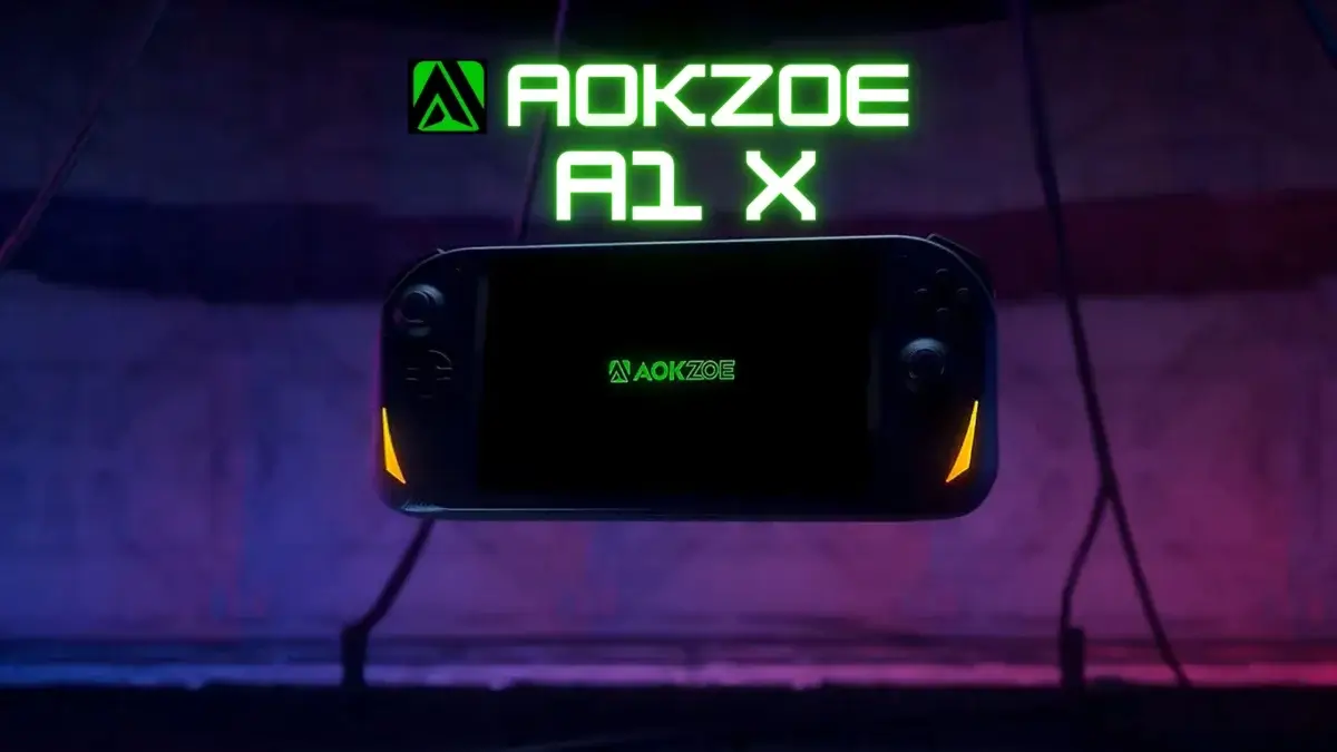 Console portable Aokzoe A1 X avec écran 8 pouces, processeur AMD Ryzen AI 9 HX 370, design ergonomique et contrôles avancés pour gaming PC haute performance.