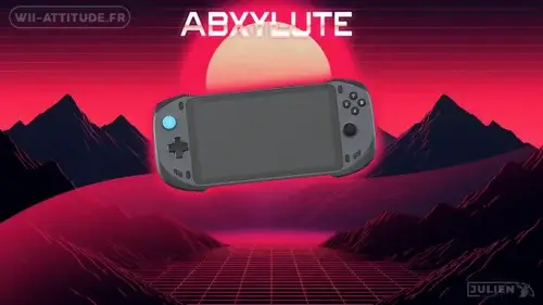 Console de retrogaming ABXYLUTE avec manette, affichant une interface d'émulation sur un écran portable