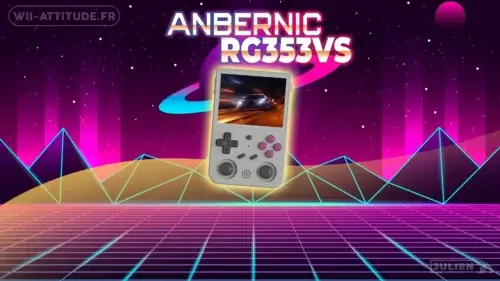 Console portable Anbernic RG353VS avec écran allumé affichant un jeu rétro