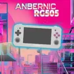 Console portable Anbernic RG505 avec écran OLED allumé et design rétro élégant