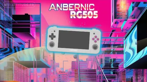 Console portable Anbernic RG505 avec écran OLED allumé et design rétro élégant