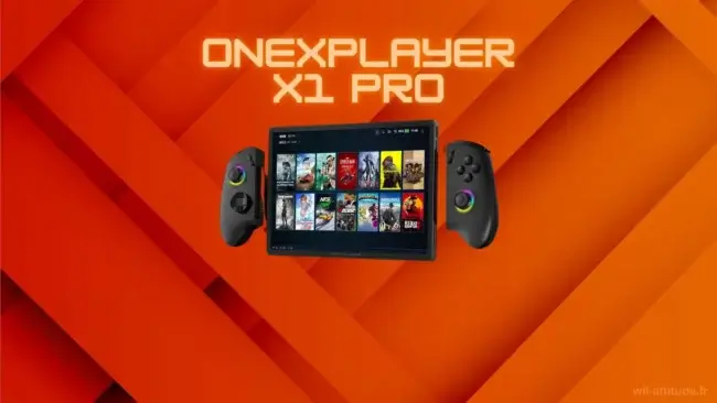 OneXPlayer X1 Pro en mode tablette avec contrôleurs détachables et écran affichant un jeu