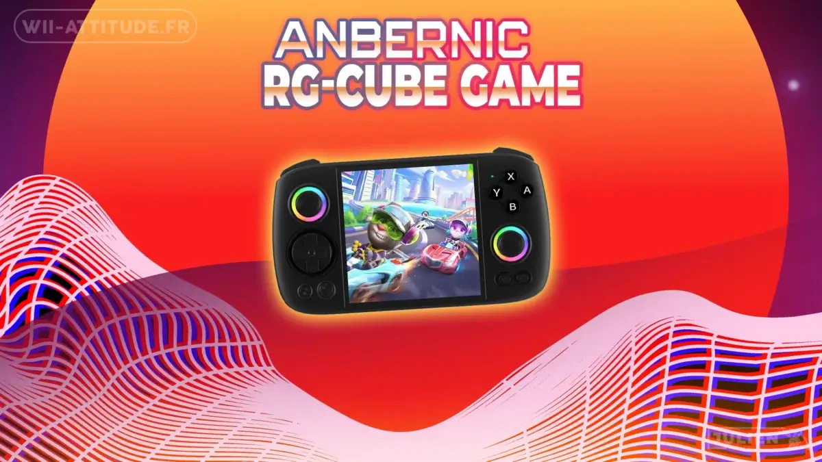 Console portable Anbernic RG Cube avec écran carré affichant un jeu rétro