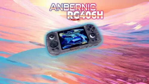 Console portable Anbernic RG406H avec écran allumé affichant un jeu rétro