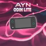 Console portable AYN Odin Lite avec un design moderne et des contours lumineux roses sur fond abstrait.