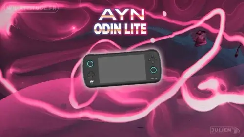 Console portable AYN Odin Lite avec un design moderne et des contours lumineux roses sur fond abstrait.