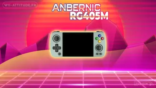 Console portable Anbernic RG405M avec écran allumé affichant un jeu rétro