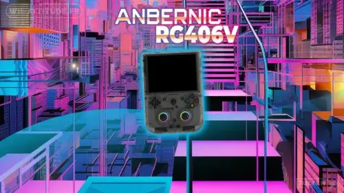 Console portable Anbernic RG406V avec écran allumé affichant un jeu rétro