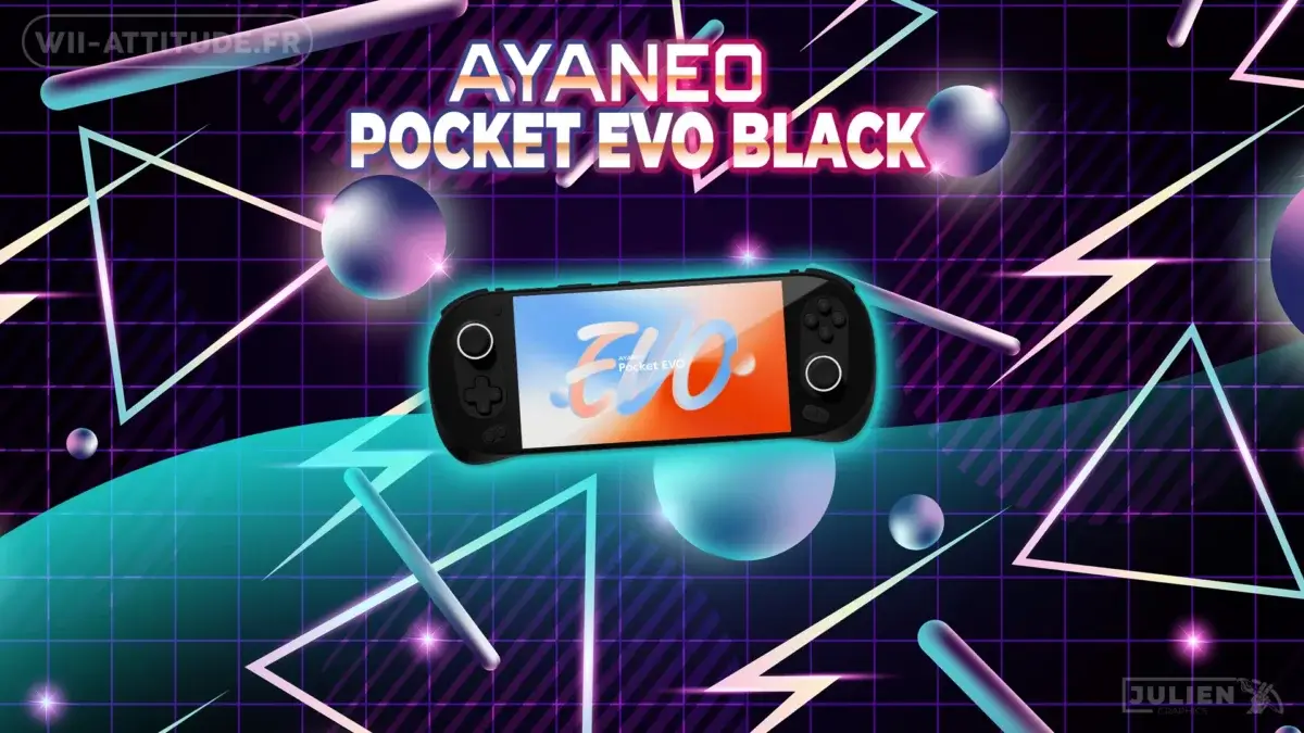 Console portable AYANEO Pocket EVO Black affichant son écran d'accueil avec des contrôles ergonomiques et un design moderne rétro.