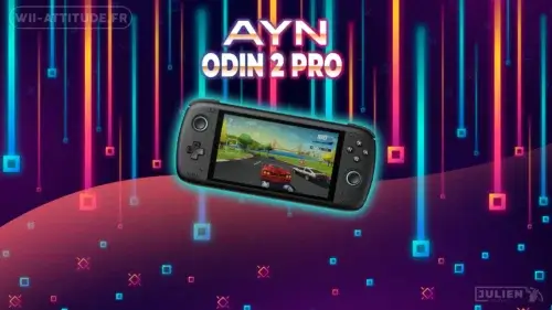 Console portable Ayn Odin 2 Pro affichant un jeu de course avec des graphismes colorés, sur fond d'effets lumineux rétro