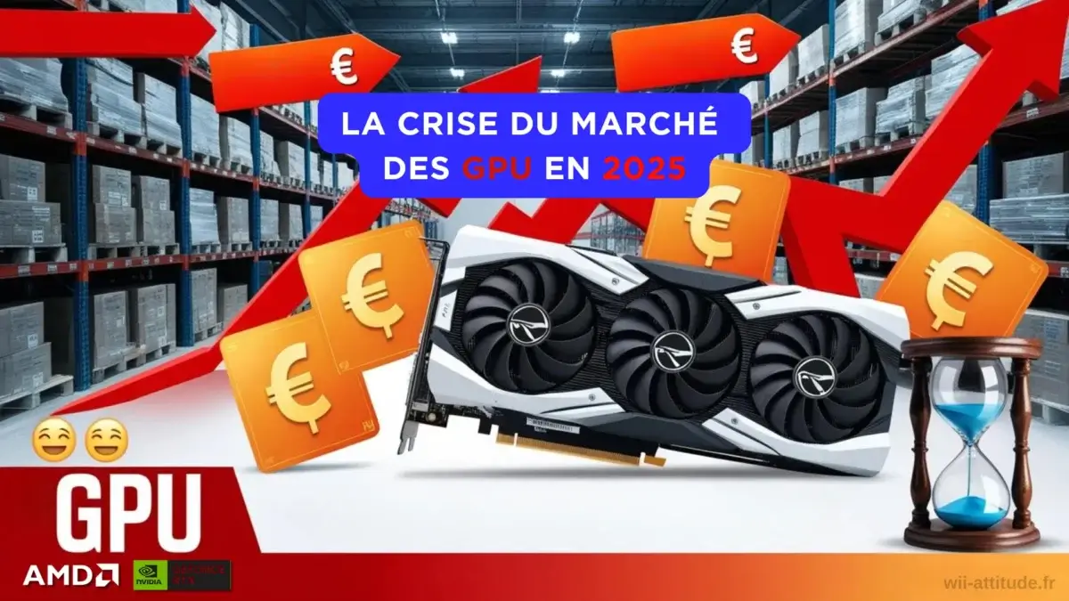 Illustration de la crise du marché des cartes graphiques en 2025 avec une GPU, des flèches rouges ascendantes et des symboles euro représentant la hausse des prix.