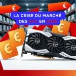 Illustration de la crise du marché des cartes graphiques en 2025 avec une GPU, des flèches rouges ascendantes et des symboles euro représentant la hausse des prix.