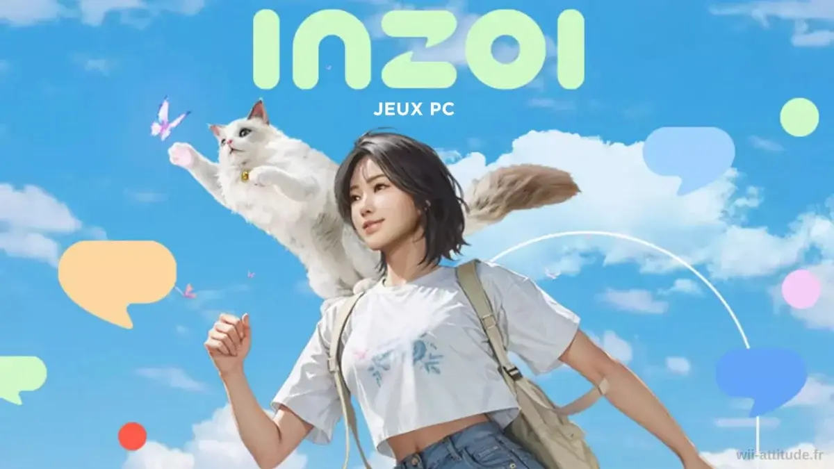 INZOI : Jeune femme avec un chat sur l'épaule, entourée de bulles colorées et de papillons, sous un ciel bleu.