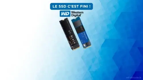 Deux SSD Western Digital (WD Black SN770 et WD Blue) sur un fond bleu avec le texte "Le SSD c'est fini !".