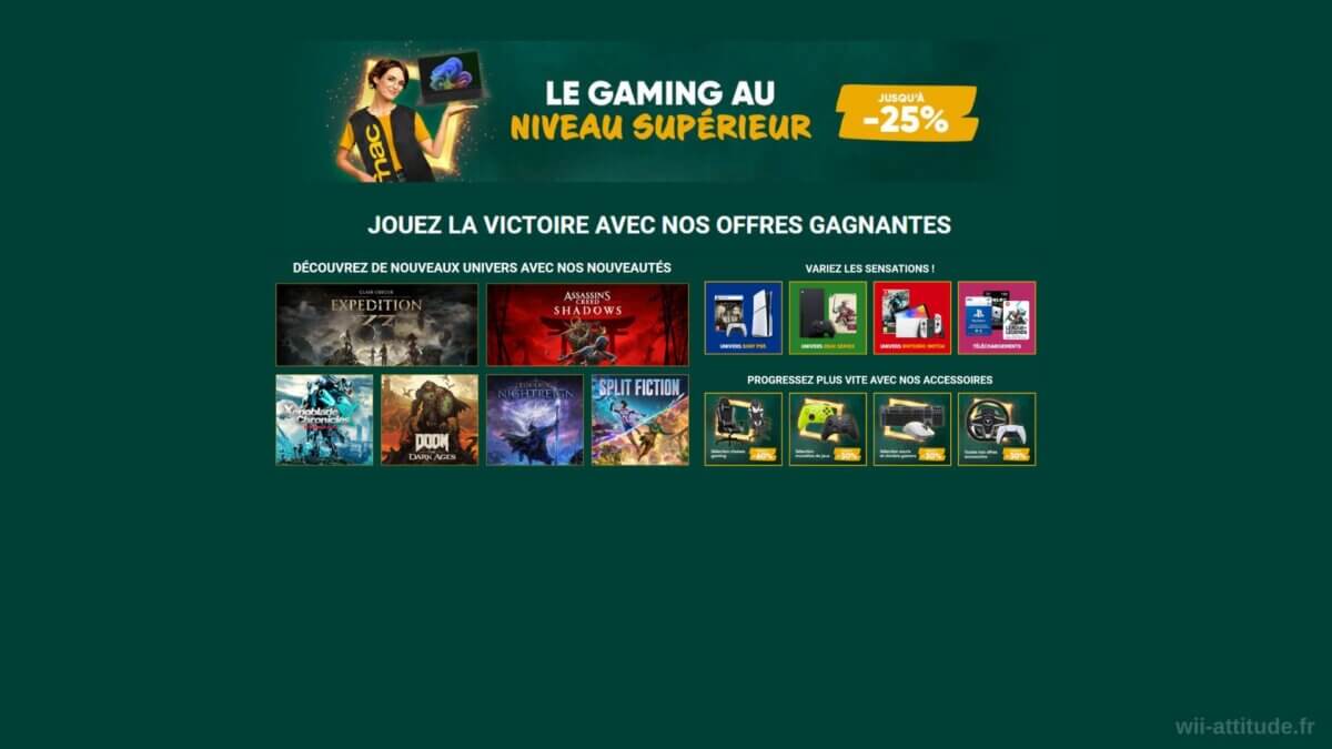 Promotions gaming chez Fnac : jusqu'à -25 % sur les jeux, accessoires et consoles.