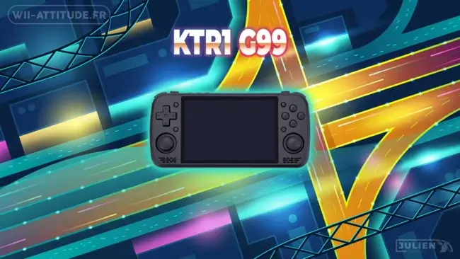 Console portable KTR1 G99 affichée sur un fond coloré de routes lumineuses, avec le logo Wii-Attitude.fr en haut à gauche.