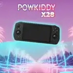 Console de jeu portable PowKiddy X28 sur fond rétro futuriste avec palmiers néon et couleurs pastel.