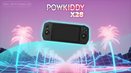 Console de jeu portable PowKiddy X28 sur fond rétro futuriste avec palmiers néon et couleurs pastel.